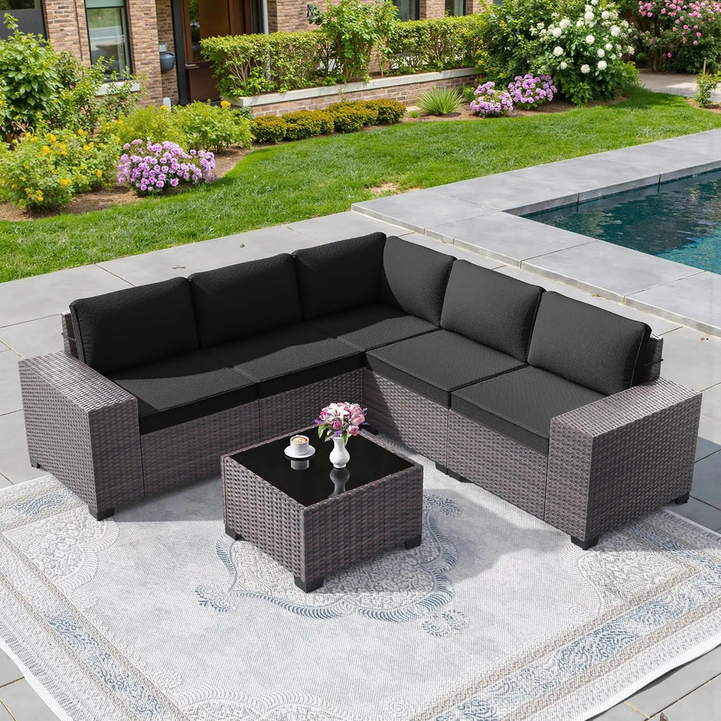 6 PCS Outdoor Patio Rattan Wicker Sectional Sofa Set with Coffee Table & Thickened Cushions,