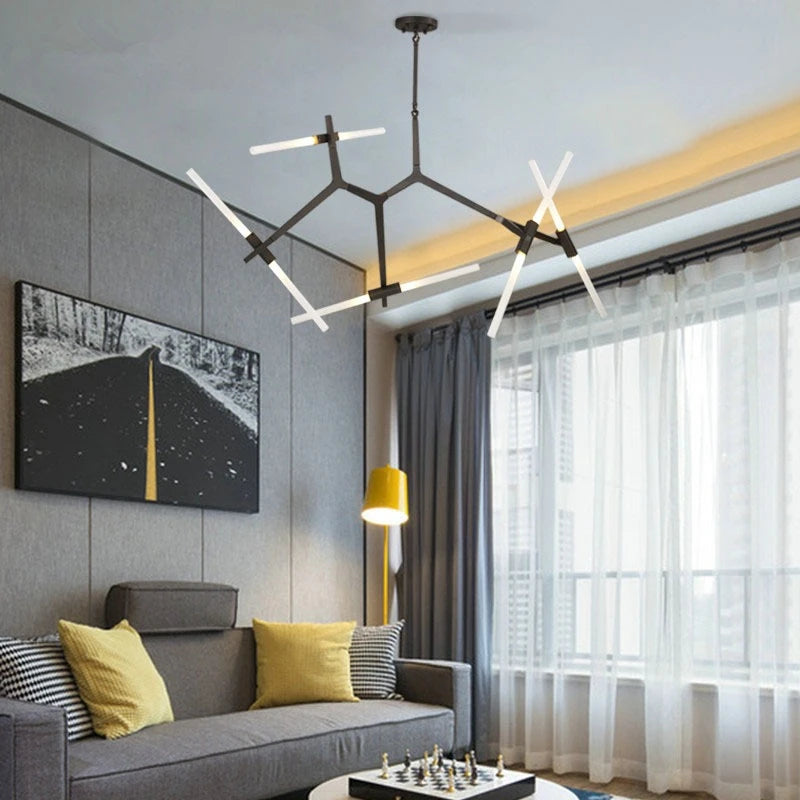 Nordic Postmodern Restaurant Chandelier Living Room Light Frosted Glass Black Gold Herringbone Branch Light