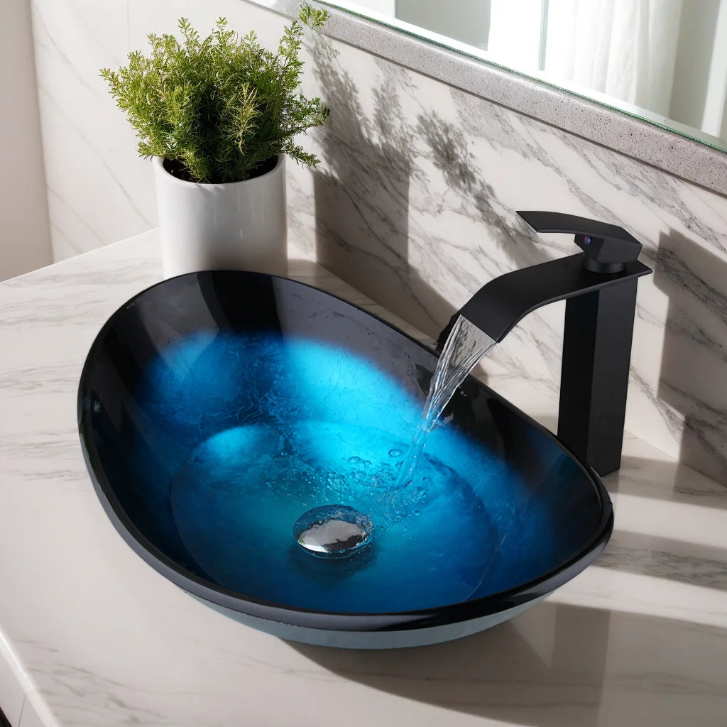 KEMAIDI Tempered Glass Countertop Washbasin Bowl Faucet Set
