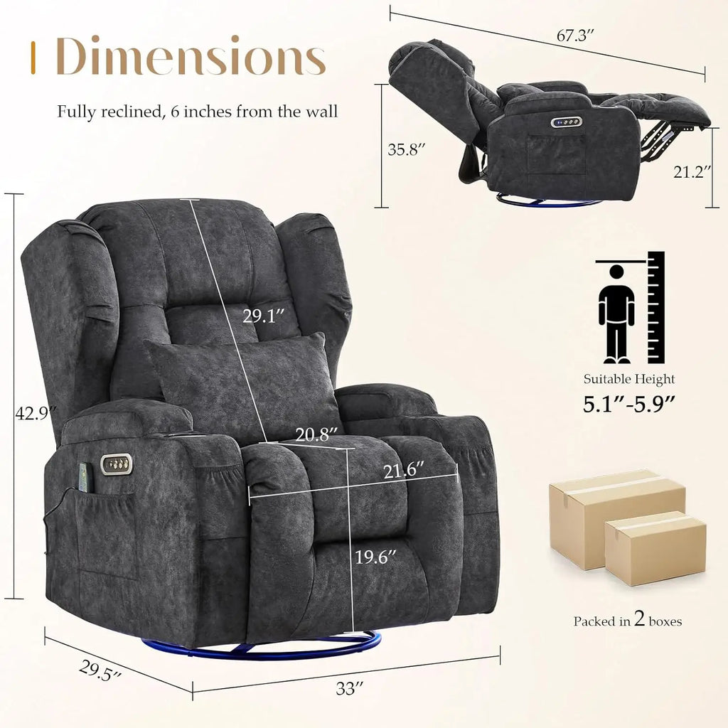 Dual Motor Power Swivel Rocker Recliner Chair with Massage & Heat, USB Ports