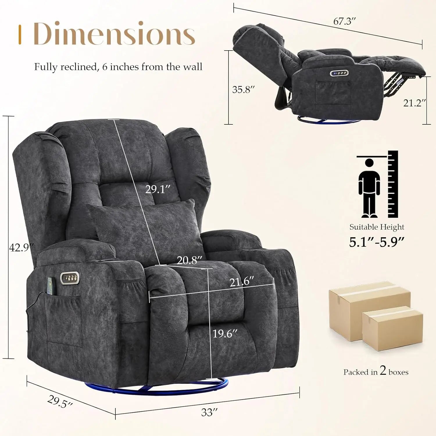 Dual Motor Power Swivel Rocker Recliner Chair with Massage & Heat, USB Ports