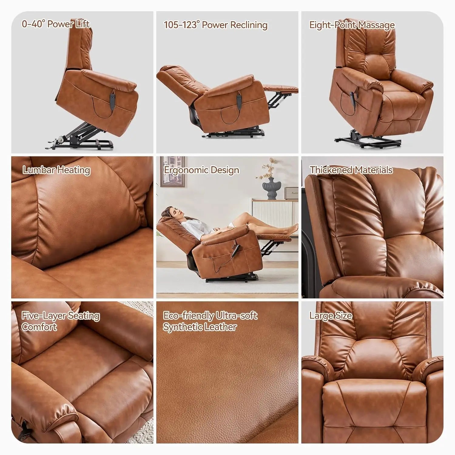 Power Lift Faux Leather Recliner, Massage, Heat, Dual Cup Holders, Side Pockets