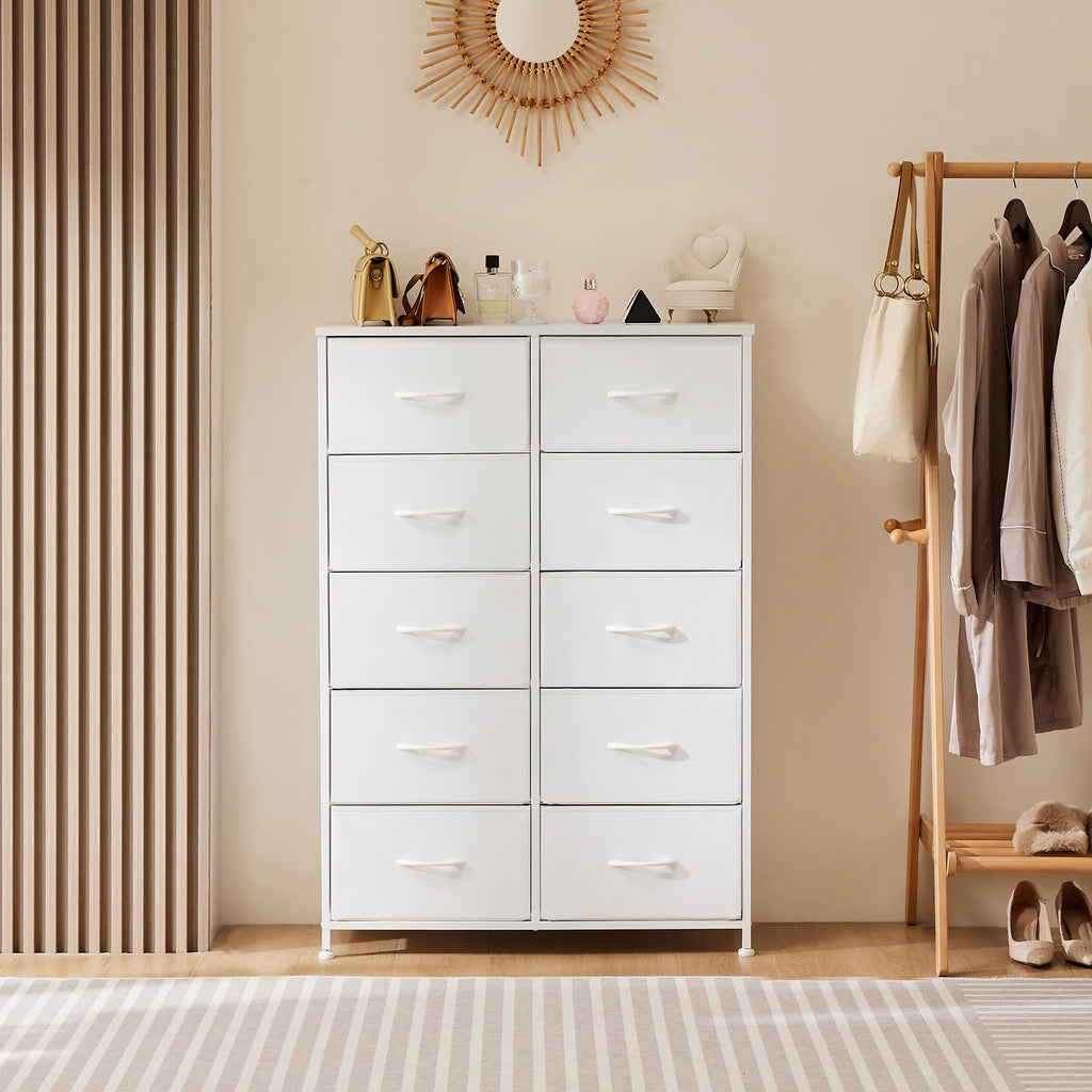 JHK Bedside Table For Bedroom With 10 Fabric Drawers Wardrobe Steel Frame Closet, Also For Living Room Storage Cabinet