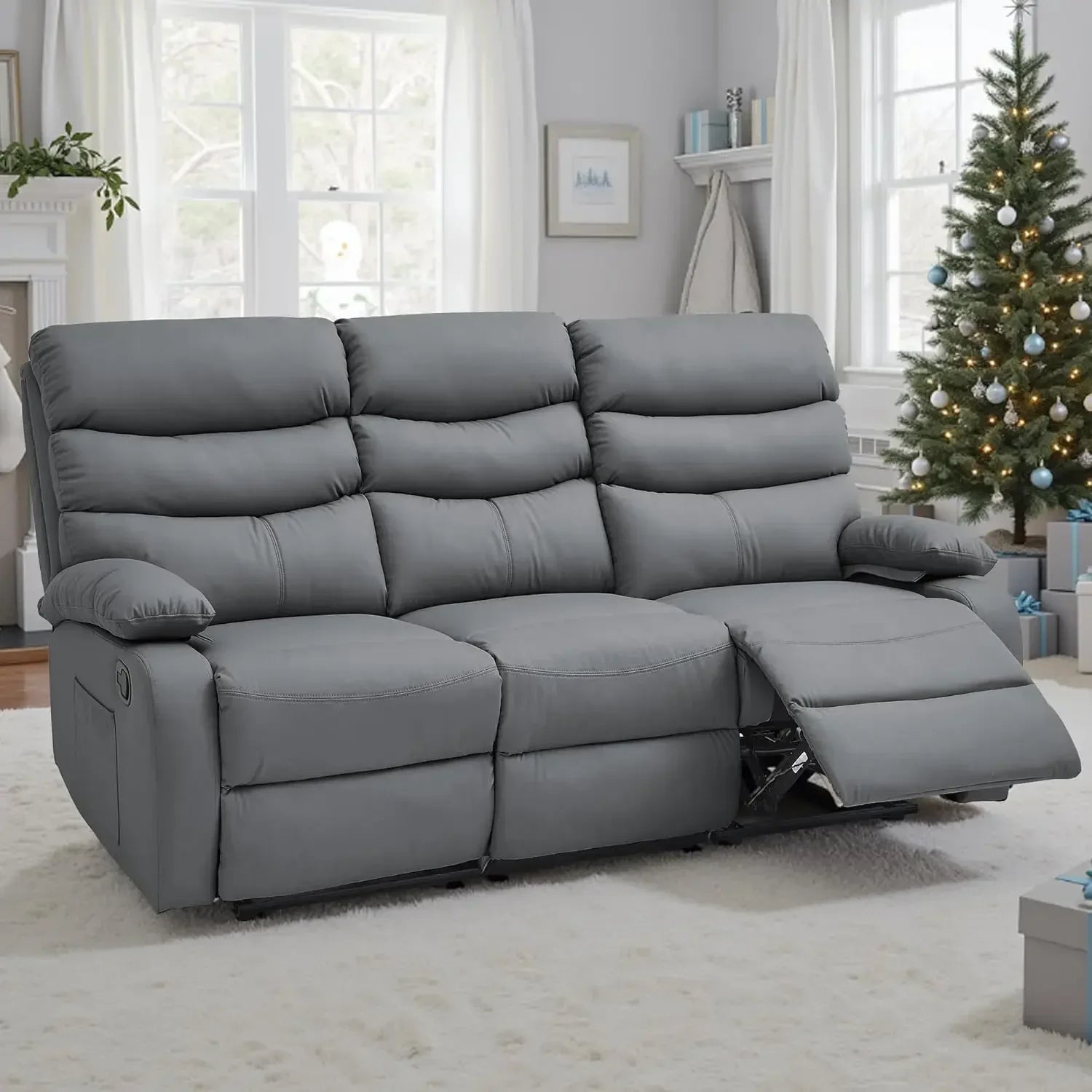 Manual 3 Seat Reclining Sofa Leather 3-Seater Manual Reclining Couch with Overstuffed Arms