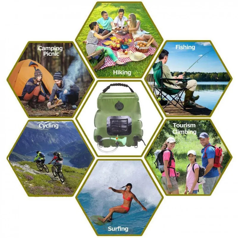 Portable Military Green 20L Solar Heated Shower Bag Outdoor Camping Bath Shower Water Bag for Bathing and Grooming Camping Gear