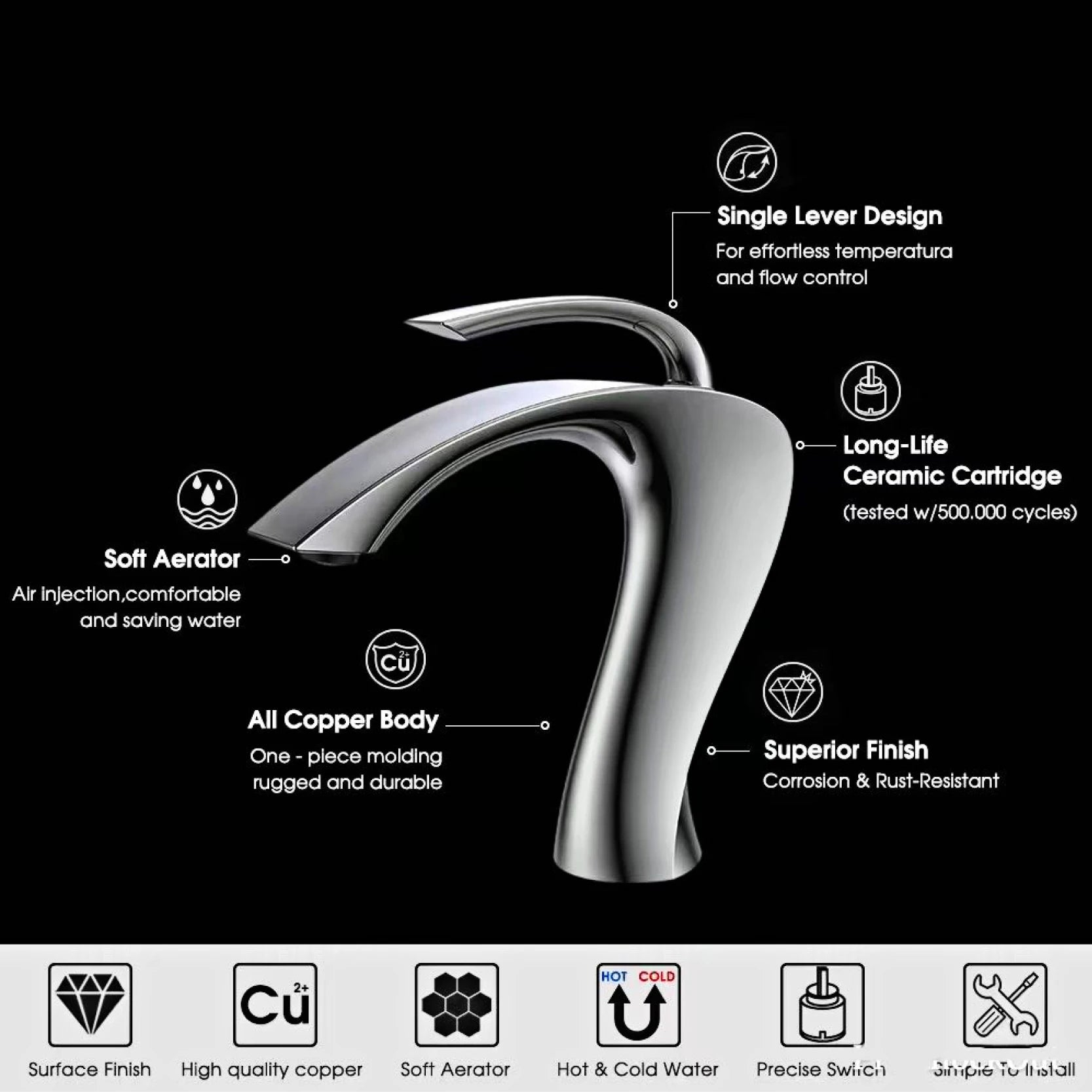 Luxury Modern Deck Mounted Brass Bathroom Vanity Faucet, 18 Variants