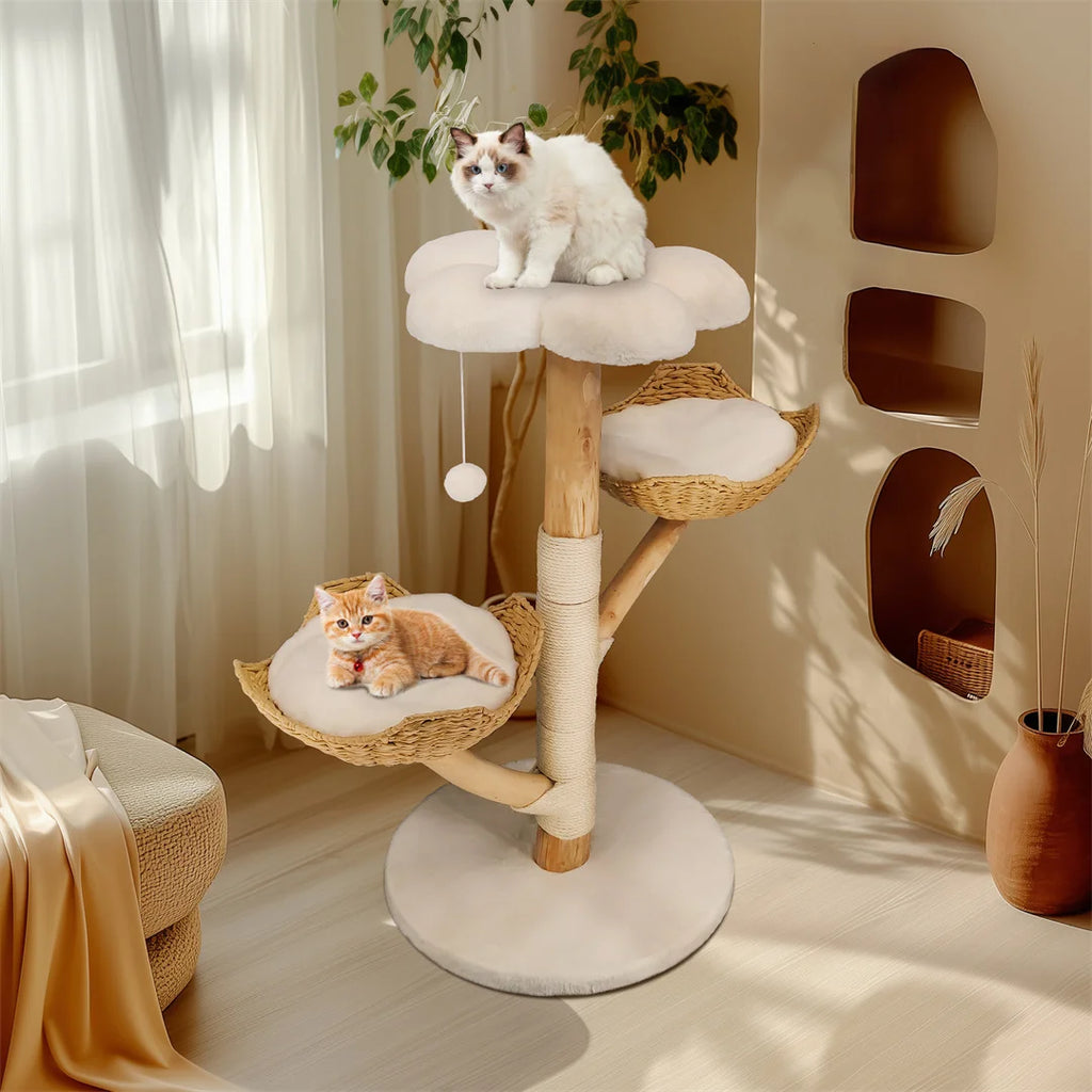 110cm Modern Cat Furniture Climbing Tree Solid Wood Activity Center with Scratching Post