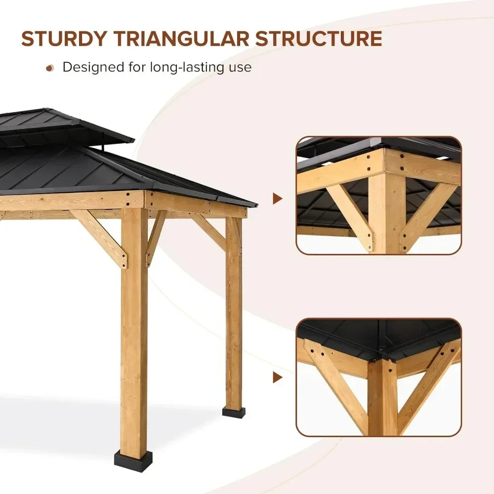 11x13 Outdoor Cedar Wood Frame Pavilion with Galvanized Steel Double Roof,