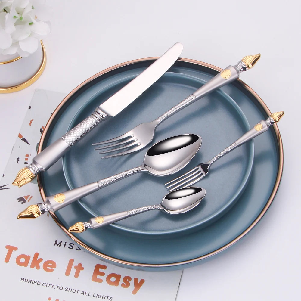4 Pieces Tableware Set Stainless Steel Dinnerware Luxury Cutlery Vintage Knife Spoon Fork Set Kitchen Utensils Sliver Flatware
