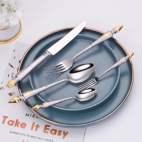 4 Pieces Tableware Set Stainless Steel Dinnerware Luxury Cutlery Vintage Knife Spoon Fork Set Kitchen Utensils Sliver Flatware