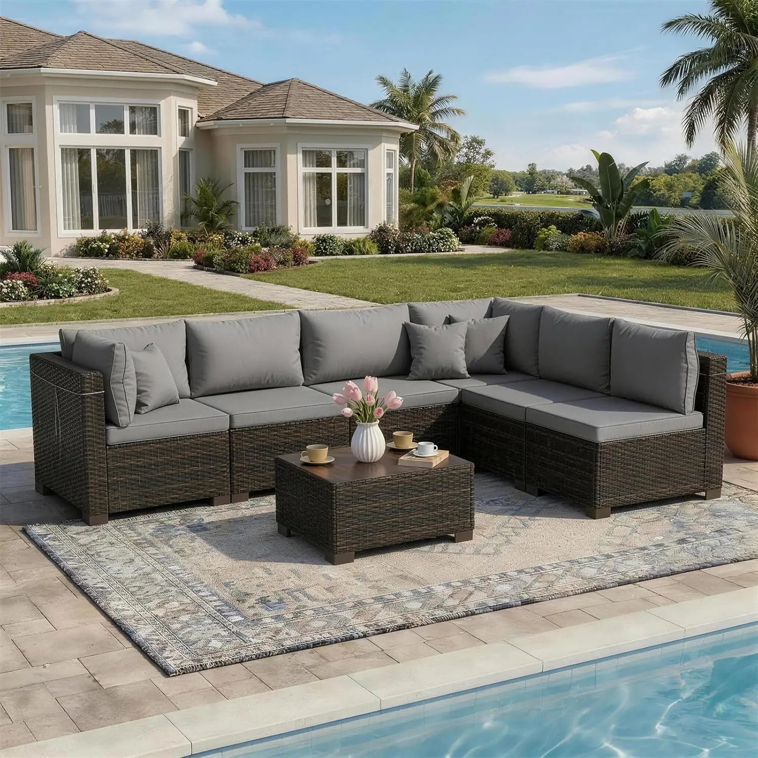 7 Pieces Rattan Wicker Sectional Sofa Set, with Tea Table