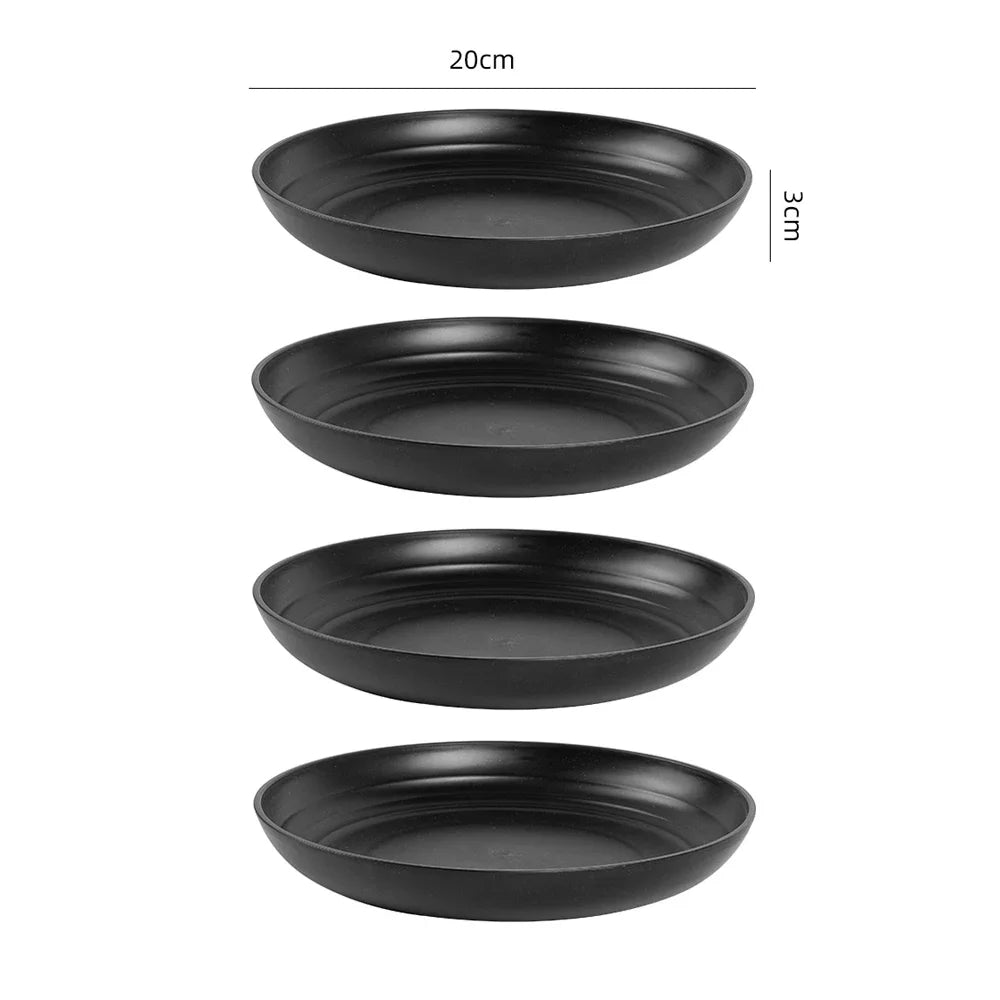 4/16Pcs Black Plastic Set Reusable Plates, Bowl, Cups 4 Sets for Kitchen Outdoor Camping