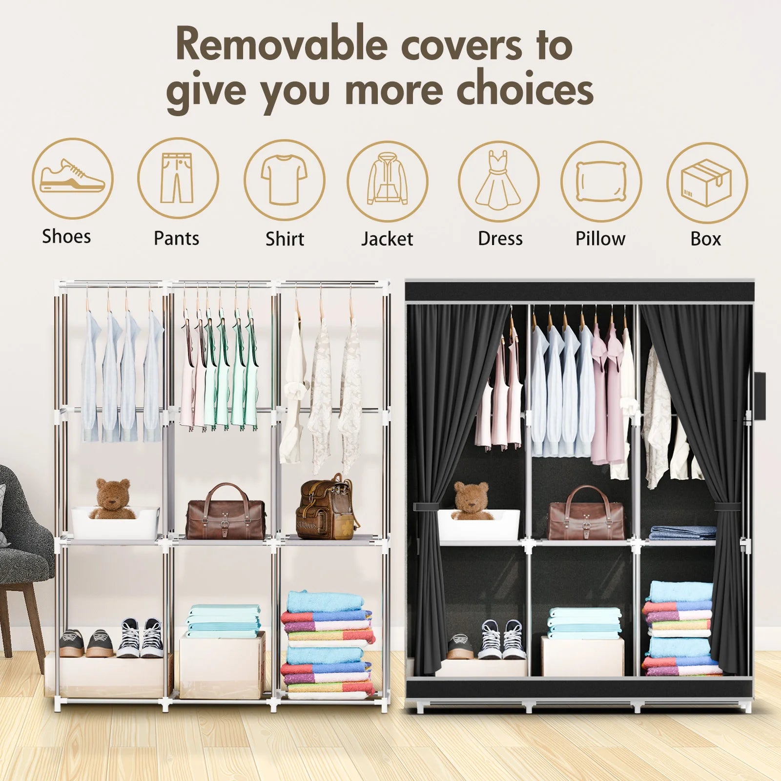 51-Inch Portable Closet Wardrobe 16mm Thick Pipe Clothing Storage Rack Organizer Non-Woven Fabric Cover