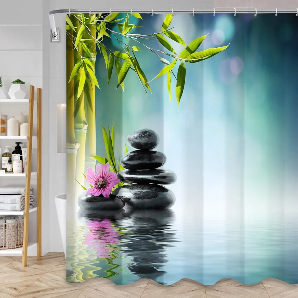 Green Bamboo Zen Shower Curtains Set