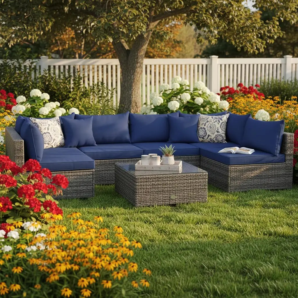 7 Pieces Wicker Patio Furniture Set, All-Weather Outdoor Rattan Sectional Sofa Set with Cushions & Tempered Glass,