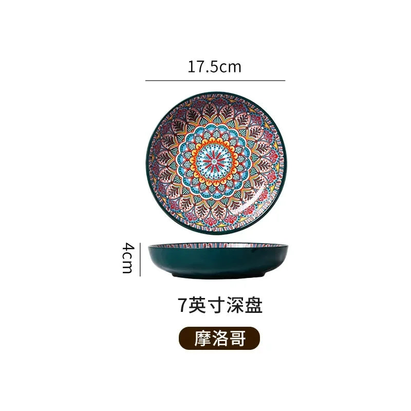 7in or 8in Ceramic Plates Household Retro Tableware Pasta Steak Plate Breakfast Dumpling  Fruit Plate