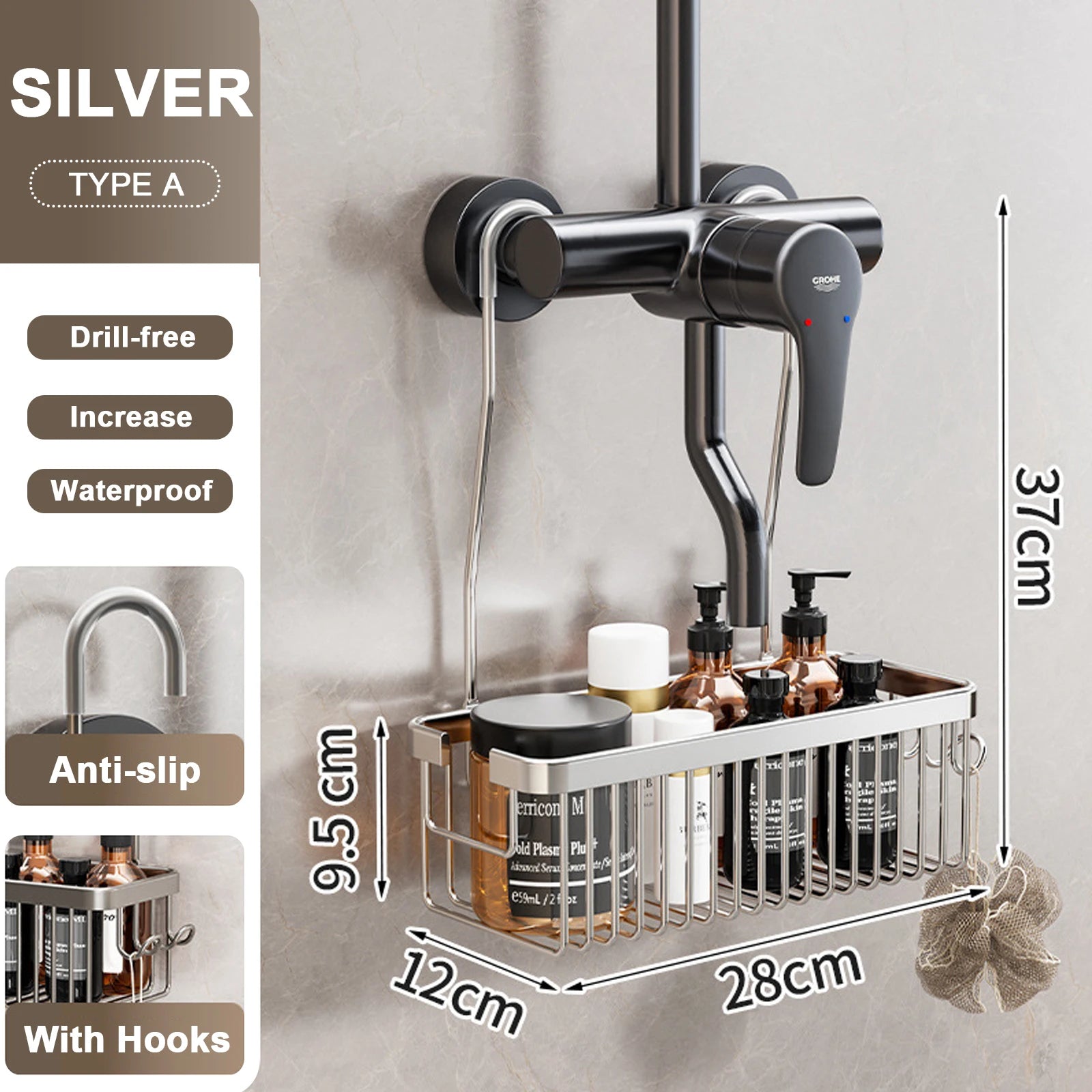 Convenient Toilet Shower Rack with No Drilling Installation Bathroom Storage Aluminum Basket for Shower Room and Bath Products