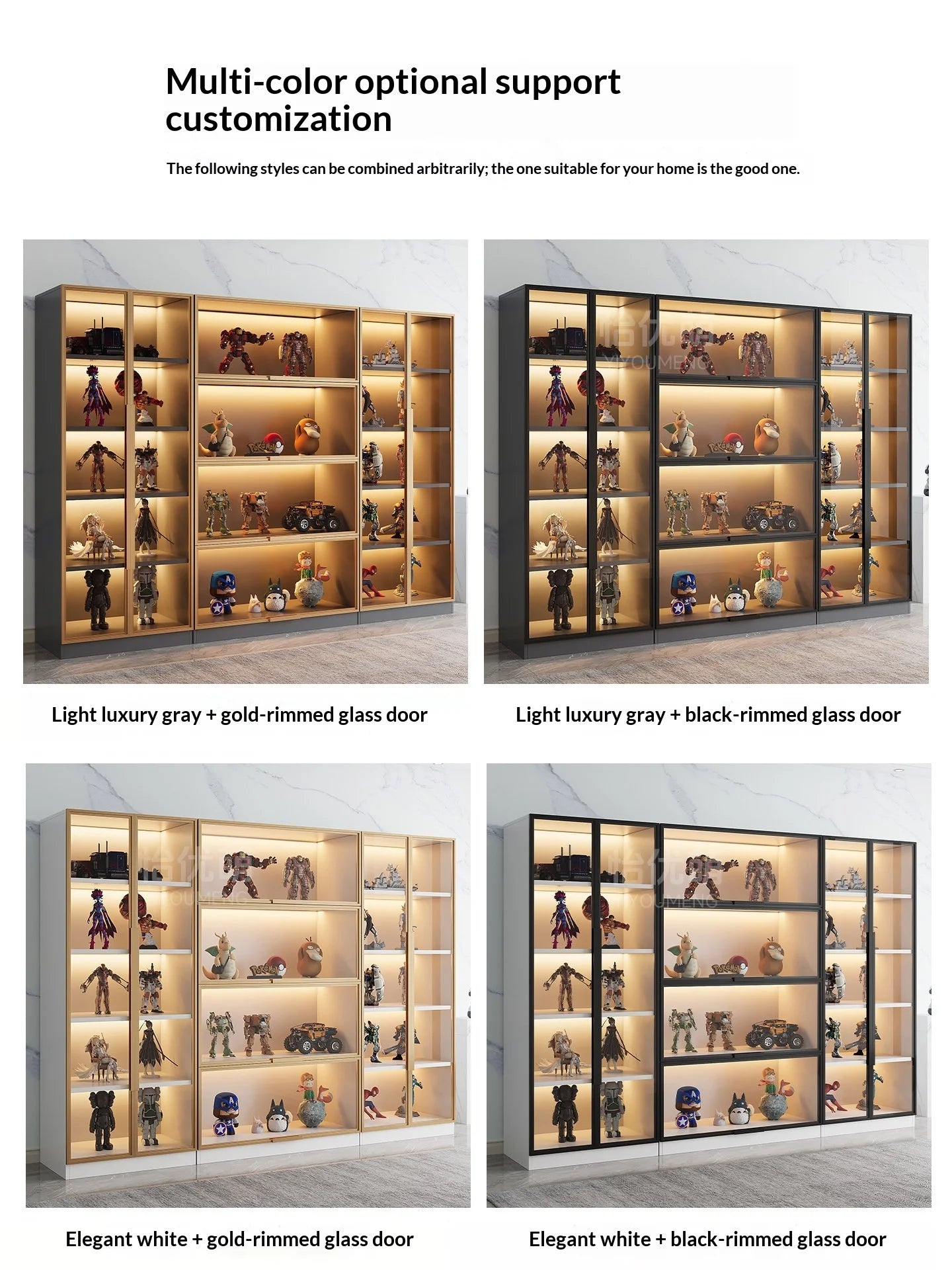 Customizable Display Cabinet, Tempered Glass Door, LED Light, Aluminum Frame