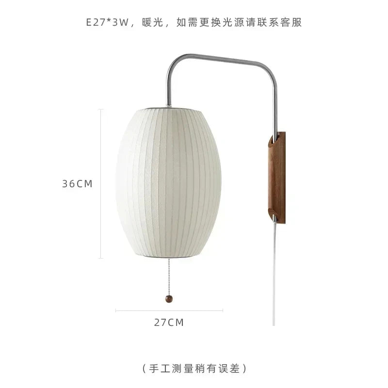 Modern Japanese Style Wall Lamp with Pull Chain Walnut Wood Base Silk Shade LED