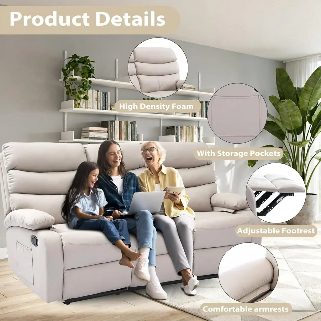 Manual 3 Seat Reclining Sofa Leather 3-Seater Manual Reclining Couch with Overstuffed Arms