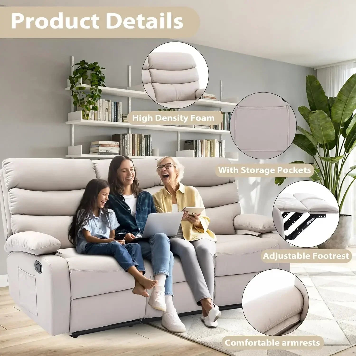 Manual 3 Seat Reclining Sofa Leather 3-Seater Manual Reclining Couch with Overstuffed Arms