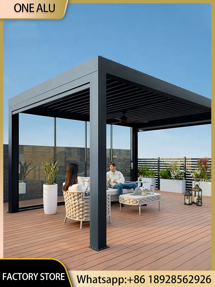 4x3m 3x4m Motorized Aluminum Pergola with Glass Sliding Doors LED Lights All-season Use