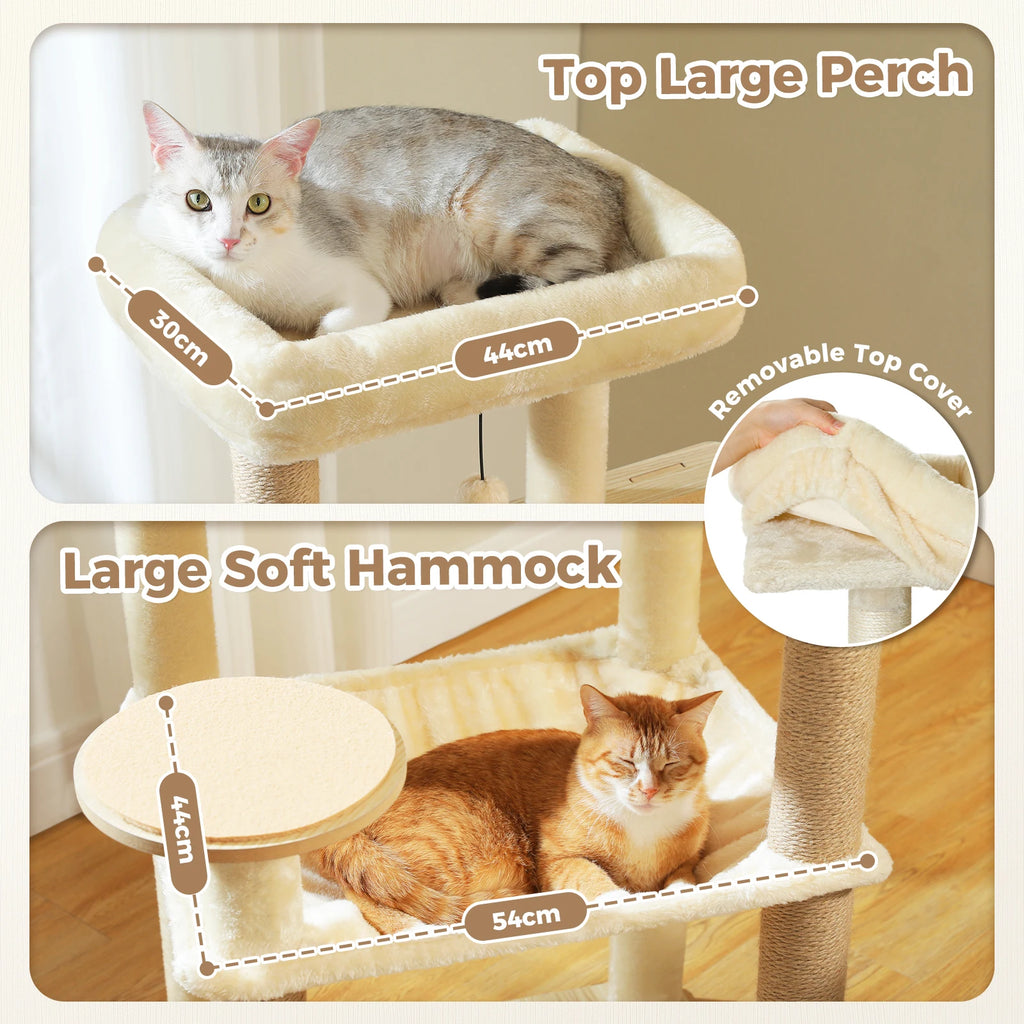 Wood Cat Tree with Sisal Scratching Posts, Large Hammock, Cozy Condo Bed, Multi-Level Cat Tower