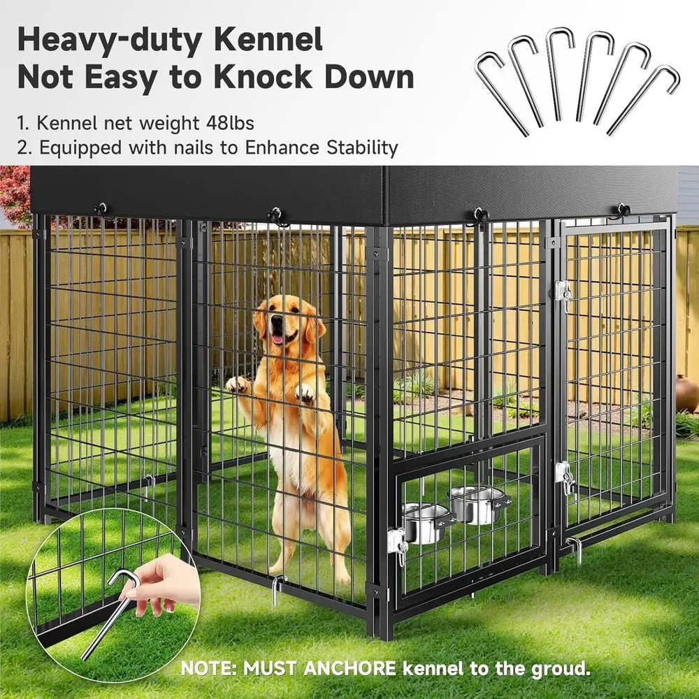 Outdoor Dog Kennel with Roof & Swivel Feeders and Removable Dog Door, Dog Enclosure Run for Medium Large Dogs (5'L x 5'W x 5'H)
