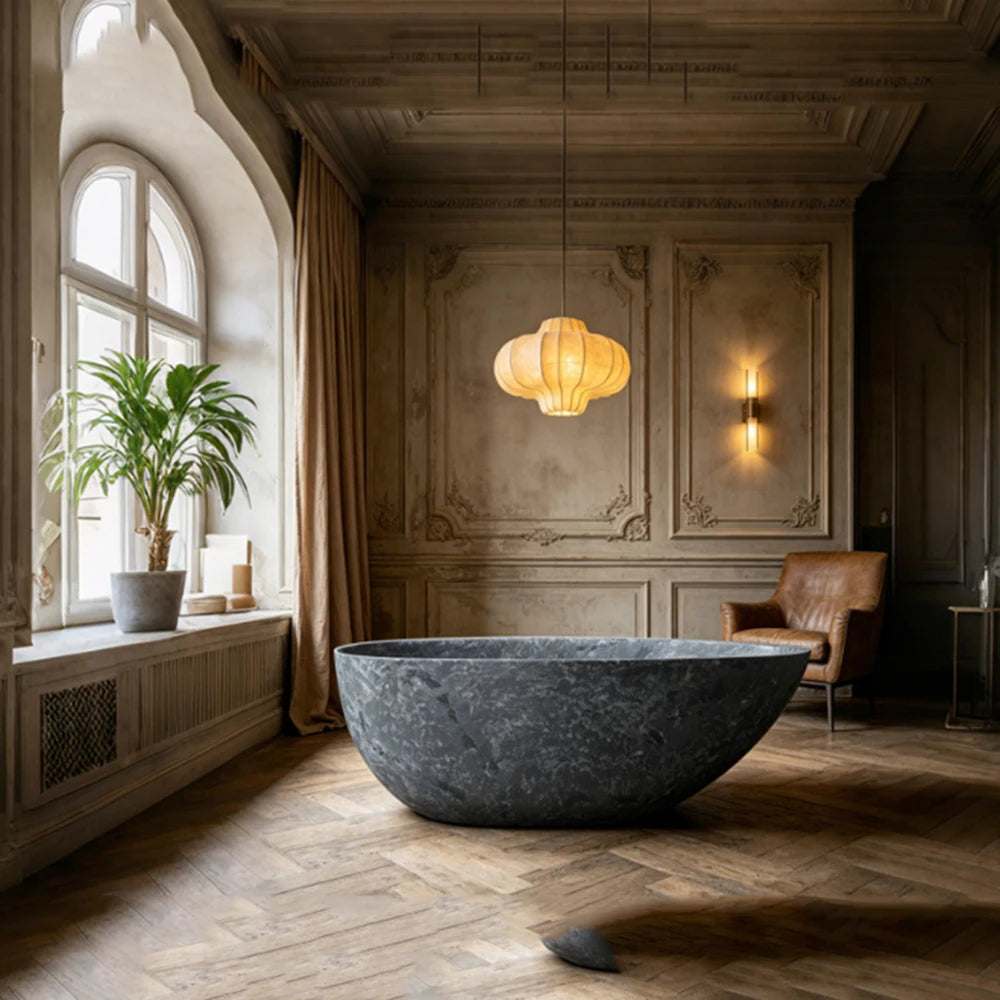 1600mm Dark Blue Grey Marble Grain Artificial Stone Freestanding Oval Double Bathtub for Hotel Home Couple RS110B