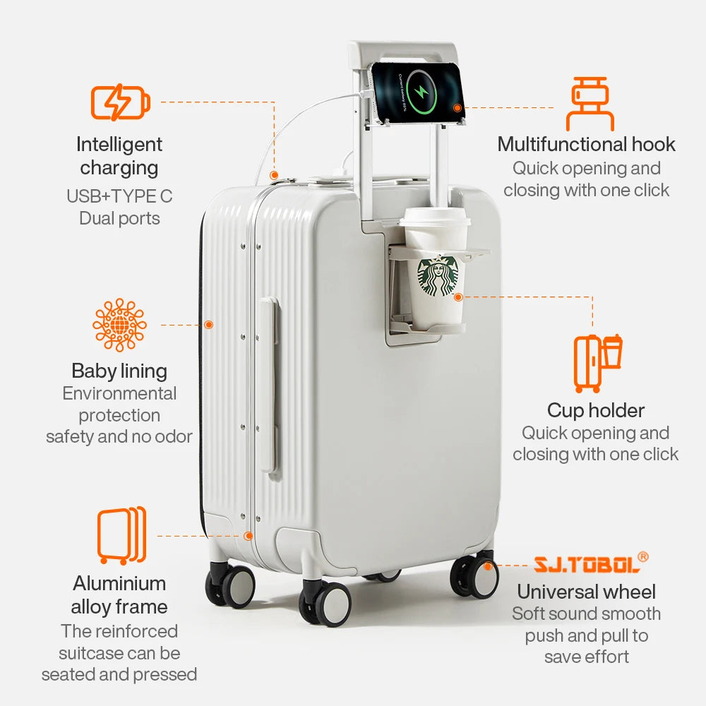 Mixi New Aluminum Frame Suitcase Carry On Rolling Luggage with USB Port, Boarding Cabin Cup, and Phone Holder