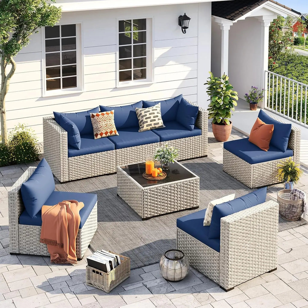 Outdoor Patio Furniture Set, 7 Pcs PE Wicker Sectional Sofa with Tea Table,