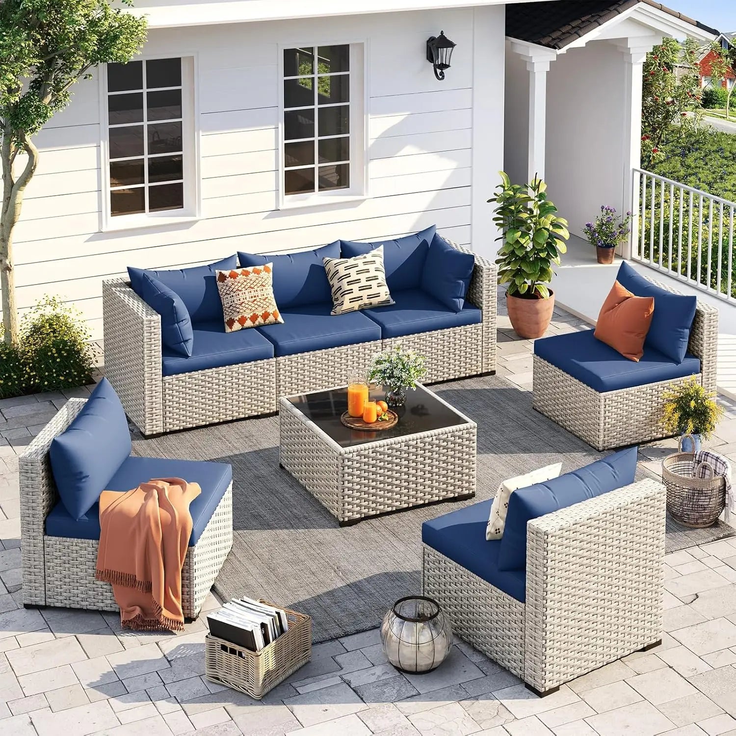 Outdoor Patio Furniture Set, 7 Pcs PE Wicker Sectional Sofa with Tea Table,