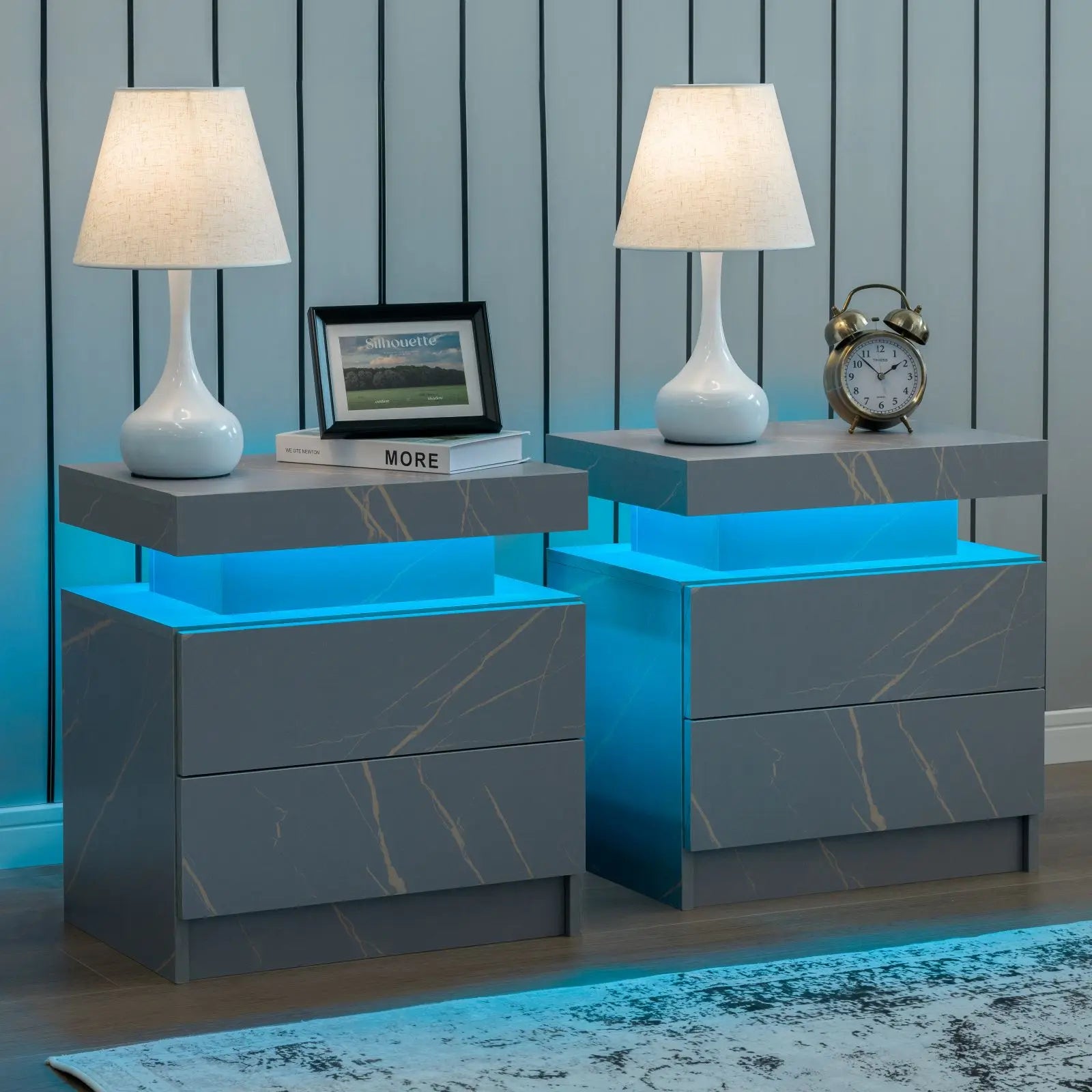 Cubehom Bedroom Nightstand Set of 2 LED Nightstand with 2 Drawers, Nightstand with LED Light