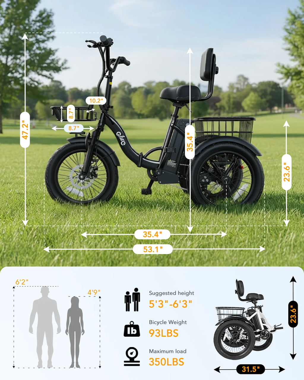 18''X3" Fat Tire Electric Tricycle, 18MPH Up to 50 Miles