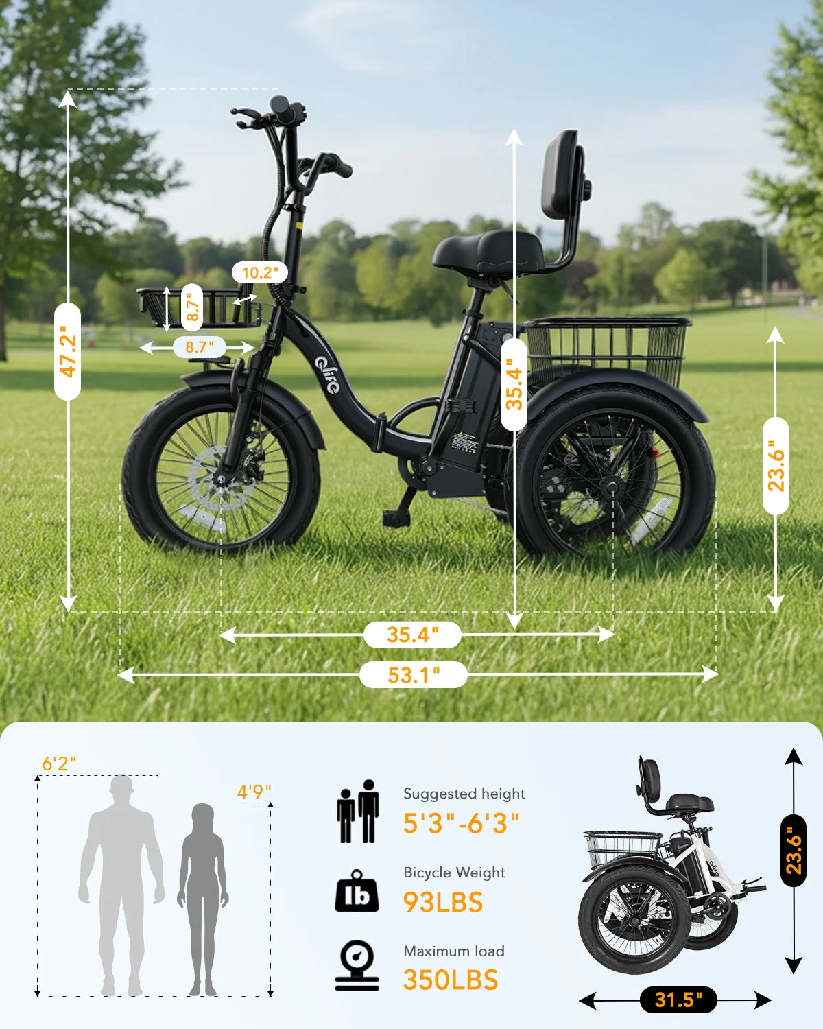 18''X3" Fat Tire Electric Tricycle, 18MPH Up to 50 Miles