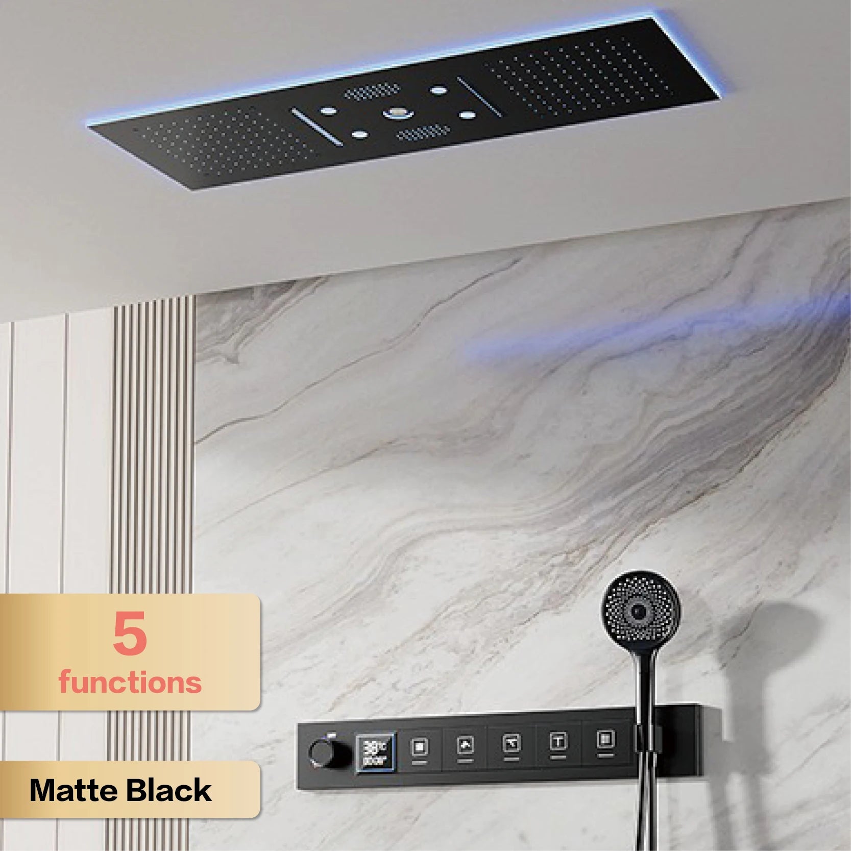 AITANA Luxury Brass Gunmetal LED Display Thermostatic Shower System Bathroom Ceiling Embedded Concealed Giant Curtain Rainfall