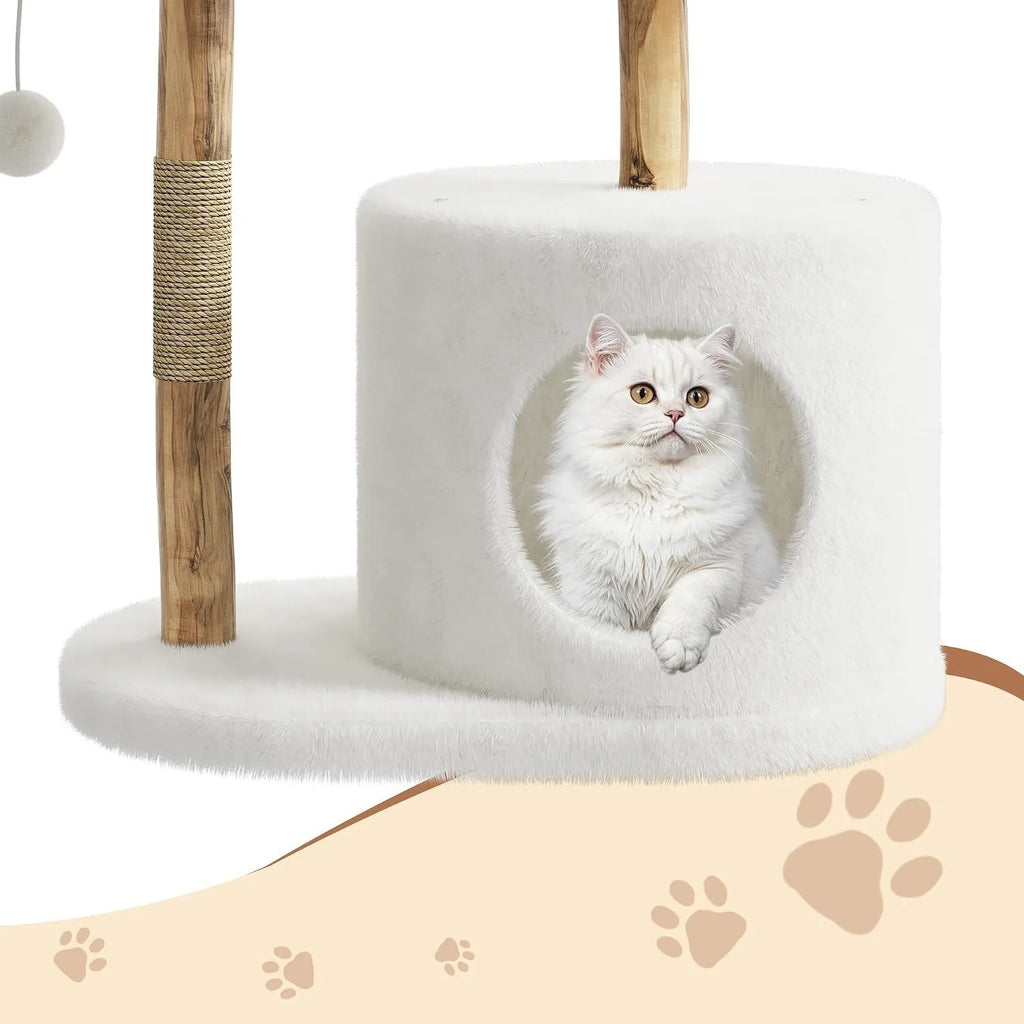 43 Inch Wooden Cat Tree Tower with Rattan, Large Cat Climbing Furniture, Multi-Level Activity Center with Perches,