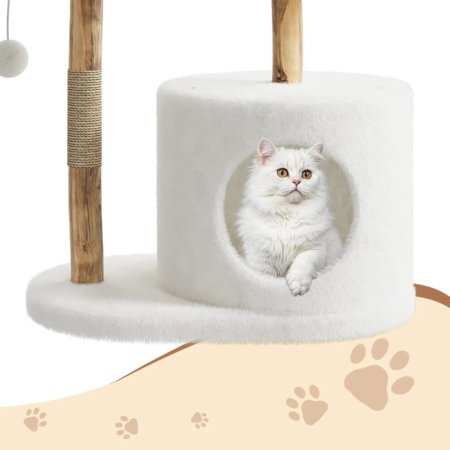43 Inch Wooden Cat Tree Tower with Rattan, Large Cat Climbing Furniture, Multi-Level Activity Center with Perches,