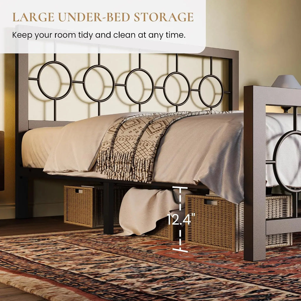 Queen Size Metal Bed Frame with Vintage Circular Design Headboard and Footboard,No Box Spring Required,