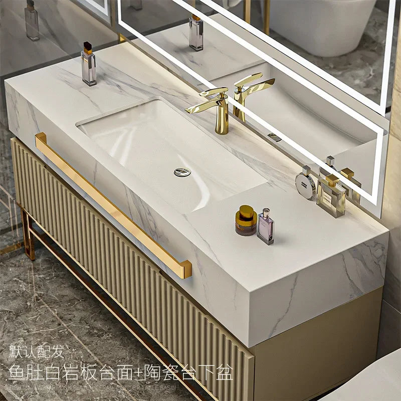 Luxury Bathroom Vanity with Single/Double Slab Ceramic Sink Bathrooms Vanity Smart LED Light Cabinet Sink Bathroom Furniture Set