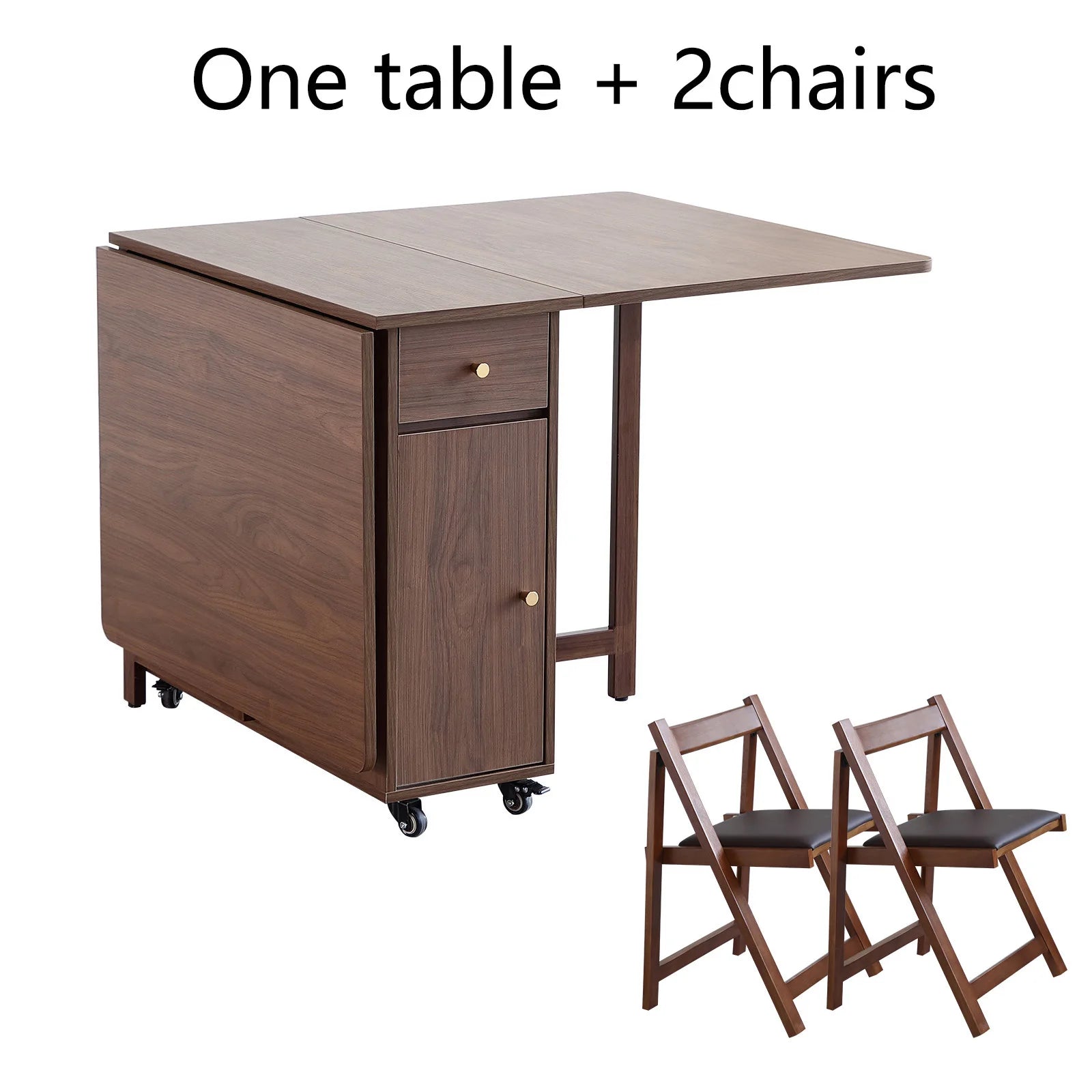 Folding Dining Table and Chairs, with 2 Drawers and 4 Wheels, Space Saving Table