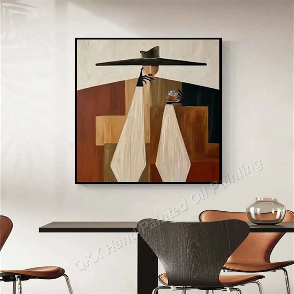 Hand-Painted Oil Painting on Canvas, Macaron Tone Striped Figure Textured Abstract Wall Painting