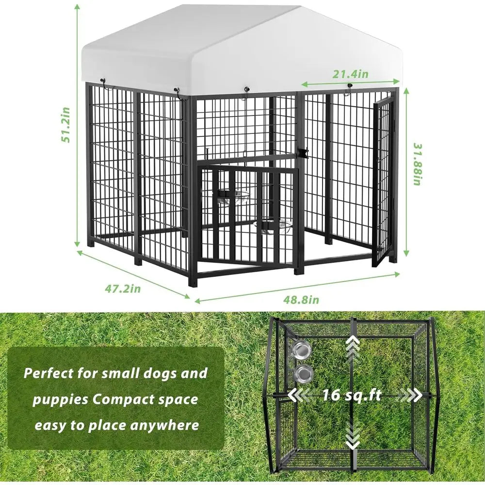 Outdoor Dog Kennel with Roo, Heavy Duty Steel Dog Run Enclosure or Small Dogs, Waterproo , Double Door, Adjustable eeding Bowls,