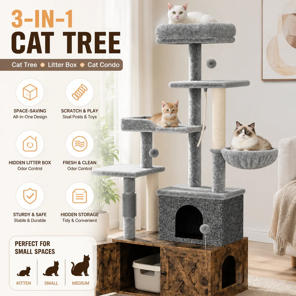3-in-1 Modern Cat Tree with Hidden Litter Box Enclosure, Cat Condo Furniture with Scratching Post, Hammock & Platforms,