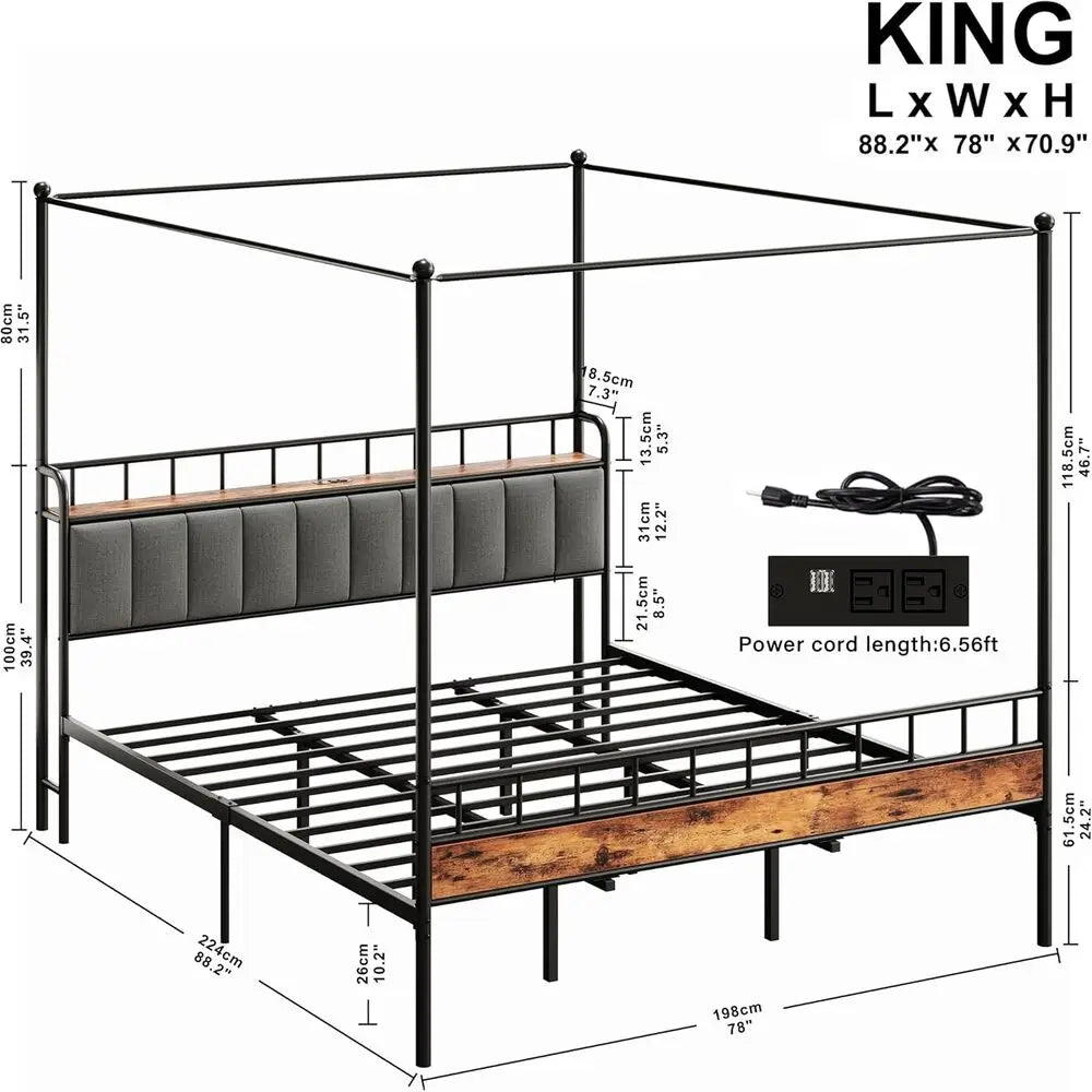 LIKIMIO Canopy Bed Frame Queen, Storage Headboard with Charging Station, Platform Bed with 4 Removable Sturdy Posts,