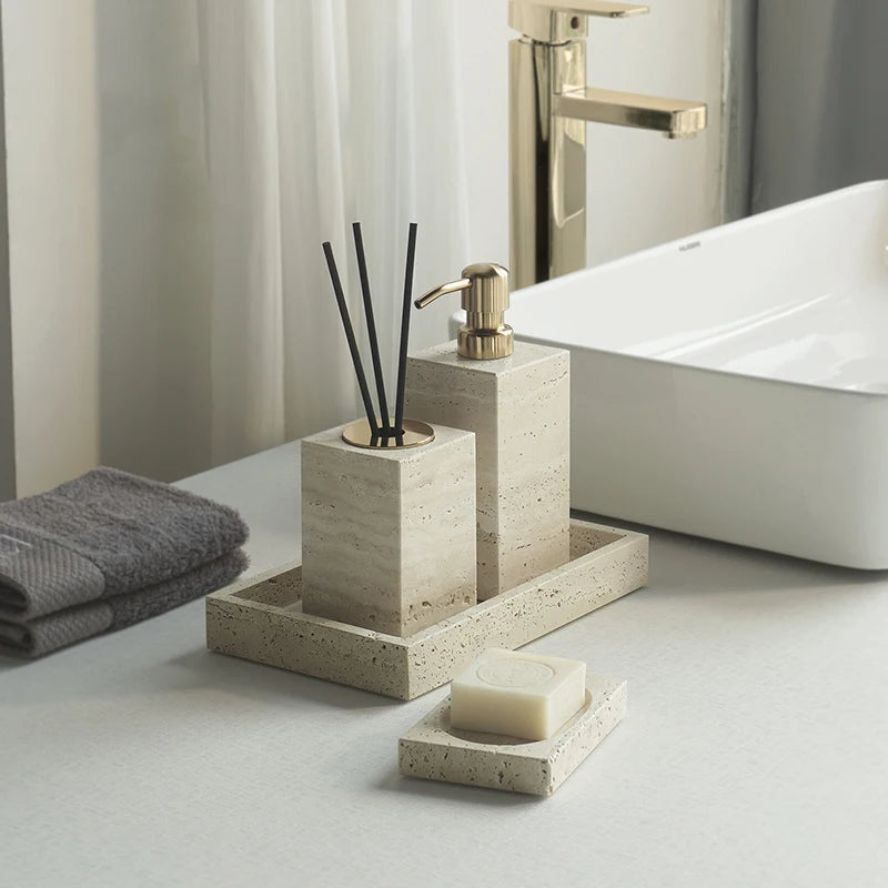 Travertine Bathroom Accessories Set Luxury Soap Dish Soap Dispenser Reed Diffuser Tissue Box Tray Bathroom Set