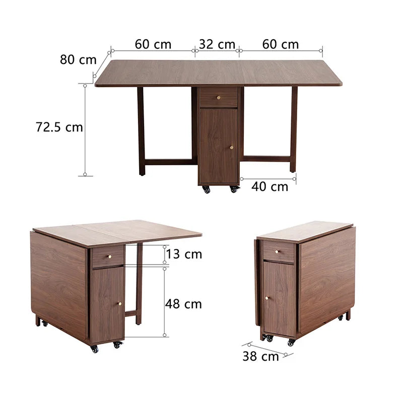Folding Dining Table and Chairs, with 2 Drawers and 4 Wheels, Space Saving Table