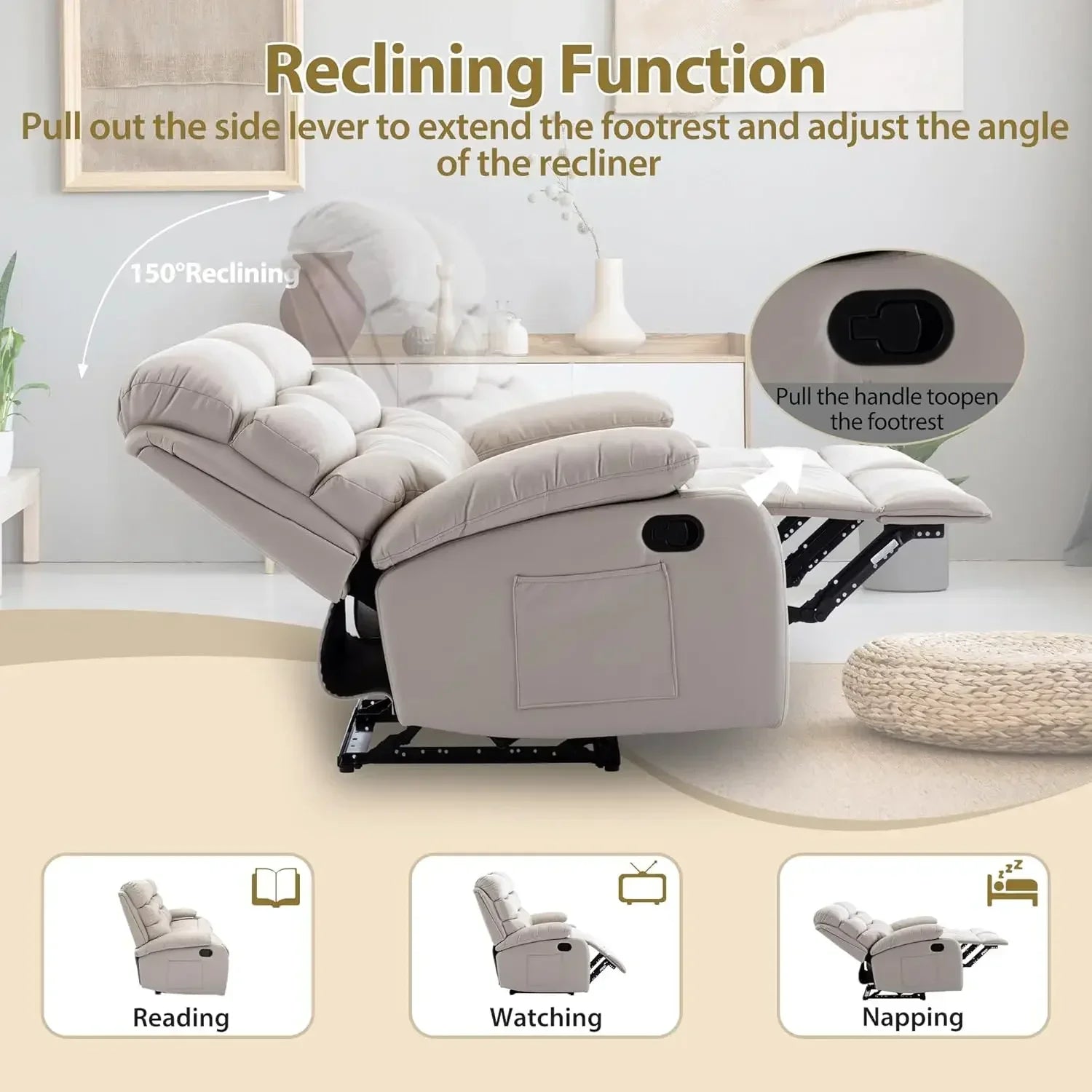 Manual 3 Seat Reclining Sofa Leather 3-Seater Manual Reclining Couch with Overstuffed Arms