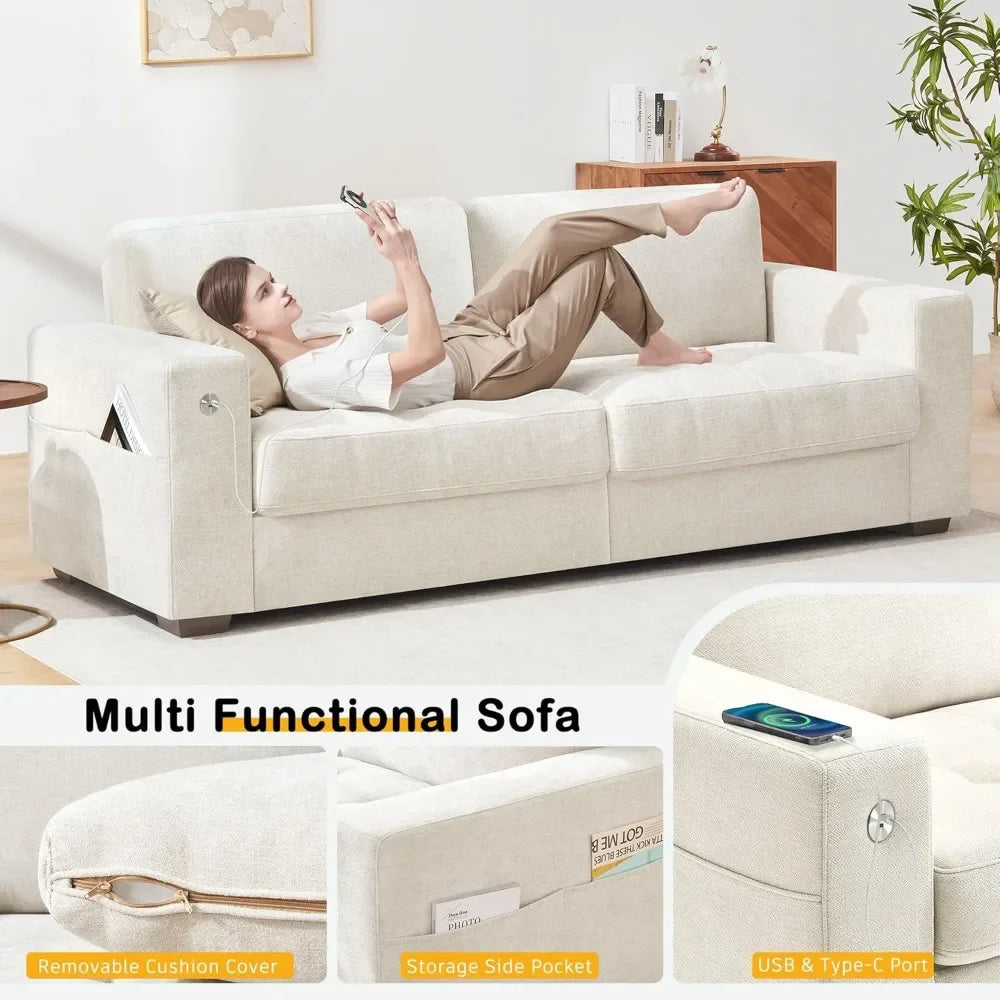 89" Modern Sofa for Small Spaces, Comfy Chenille Fabric with USB/Type-C Ports, Removable Cover & Wide Armrests
