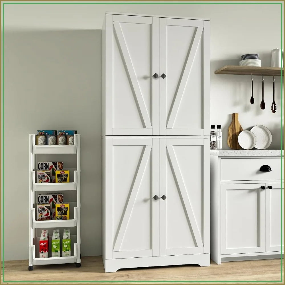 72" Farmhouse Pantry Cabinet, 4 Barn Doors, Adjustable Shelves, White